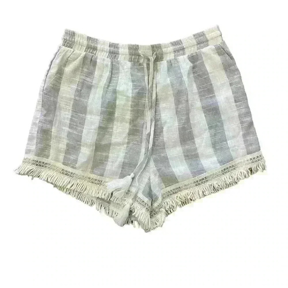 L’Atiste Linen Blend Womans Short Size M Grey White Stripes Fringe Hem Tie Waist - Picture 1 of 8